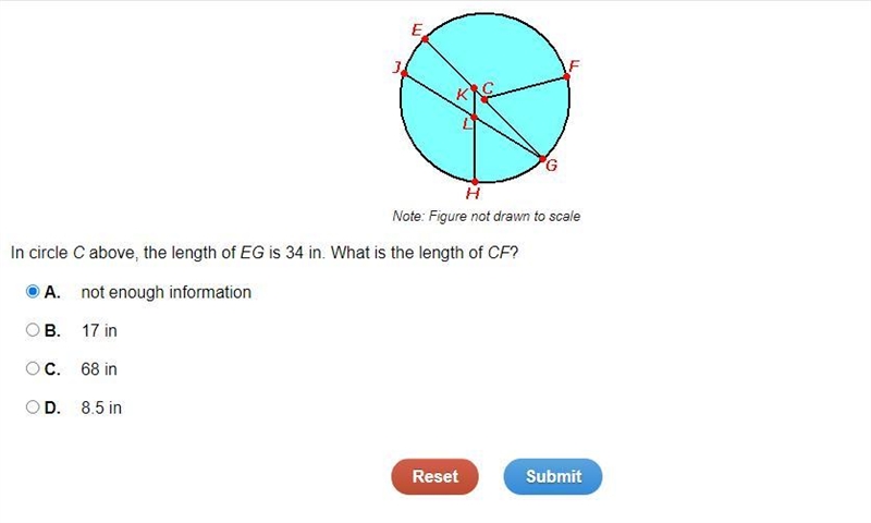 In circle C above, the length of EG is 34 in. What is the length of CF?-example-1