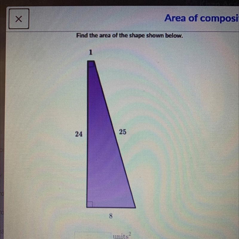 Find the area of the shape shown below-example-1