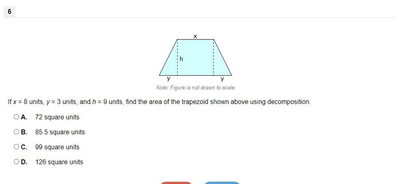 If x = 8 units, y = 3 units, and h = 9 units, find the area of the trapezoid shown-example-1