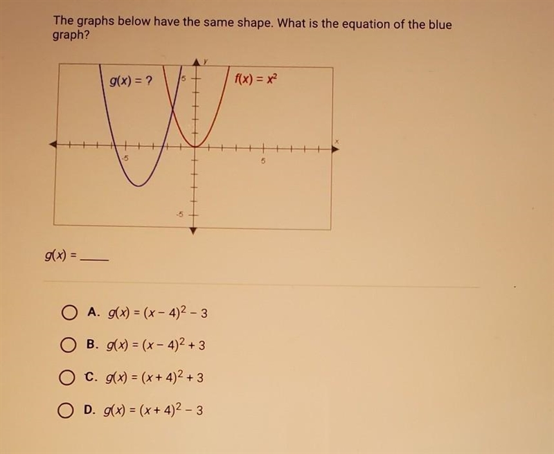 The graphs below have the same shape. What is the equation of the blue graph?​-example-1