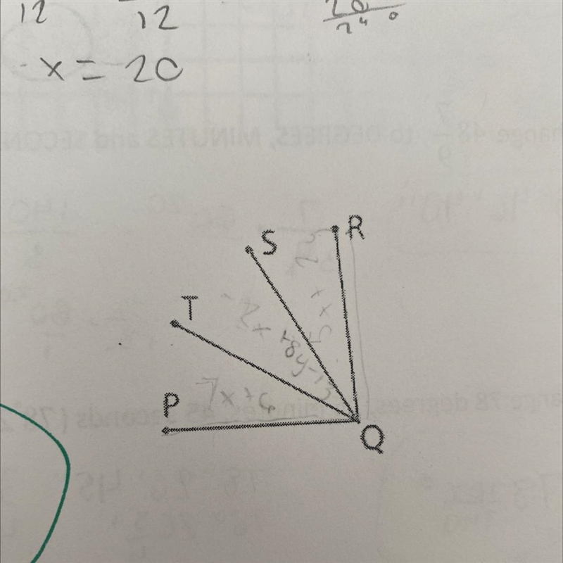 Given: SQ and TQ trident angle PQR measure of angle PQT = 7x+6 measure of angle TQS-example-1