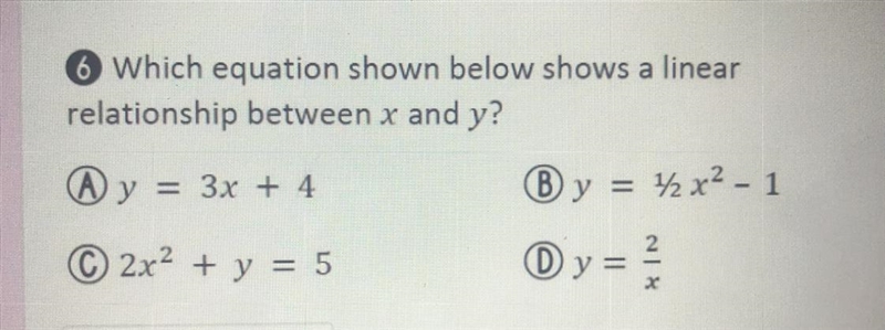 Which equation shown below shows a linear relationship between x and y ?-example-1