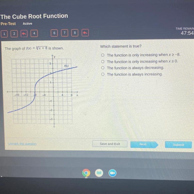 The graph of f(x) = 3x + 8 is shown. Which statement is true? ТУ 3 f(x) O The function-example-1