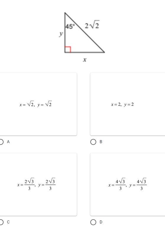 Find the missing sides of the triangle. Leave your answers in simplest radical form-example-1