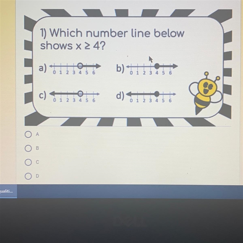 1) Which number line below shows x 4? a) 1 2 3 4 5 6 b) 0 1 2 3 4 5 6 C)26 O i 2 3 4 D-example-1