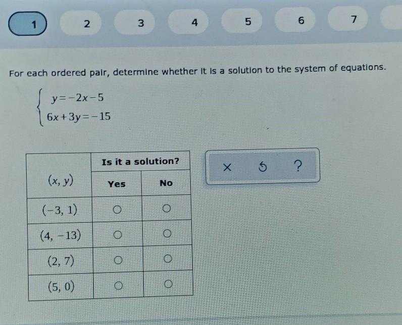 For each ordered pair, determine whether it is a solution to the system of equations-example-1