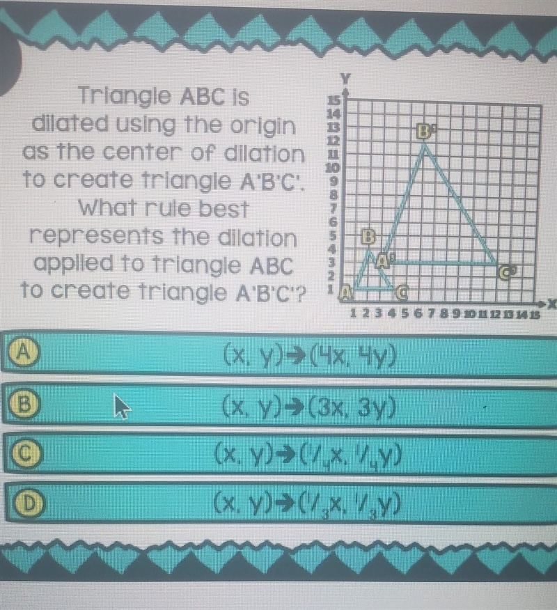 Triangle ABC IS dilated using the origin as the center of dllation to create triangle-example-1