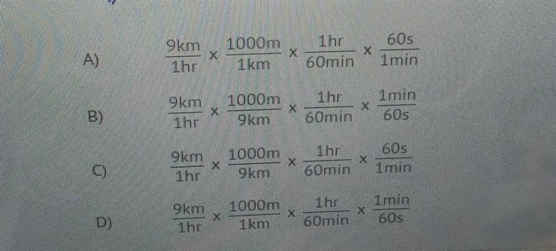 matty jogs 9 km/hr. Identify the correct conversion factor setup required to compute-example-1