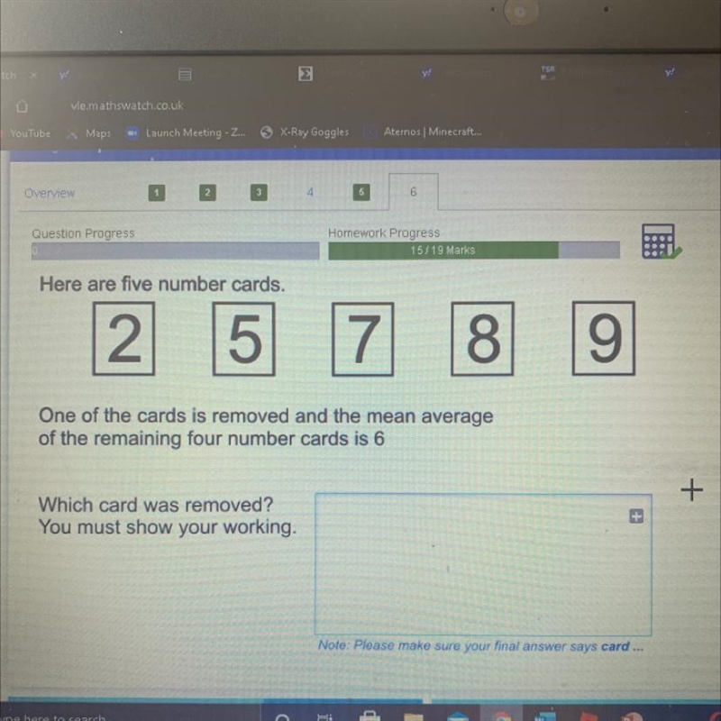 Here are five number cards. 2 5 7 8. CO One of the cards is removed and the mean average-example-1