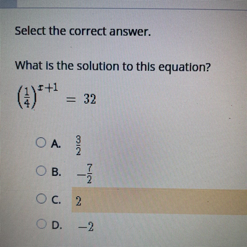 Help ASAP What is the solution to this equation? (1/4)^x+1 =32-example-1