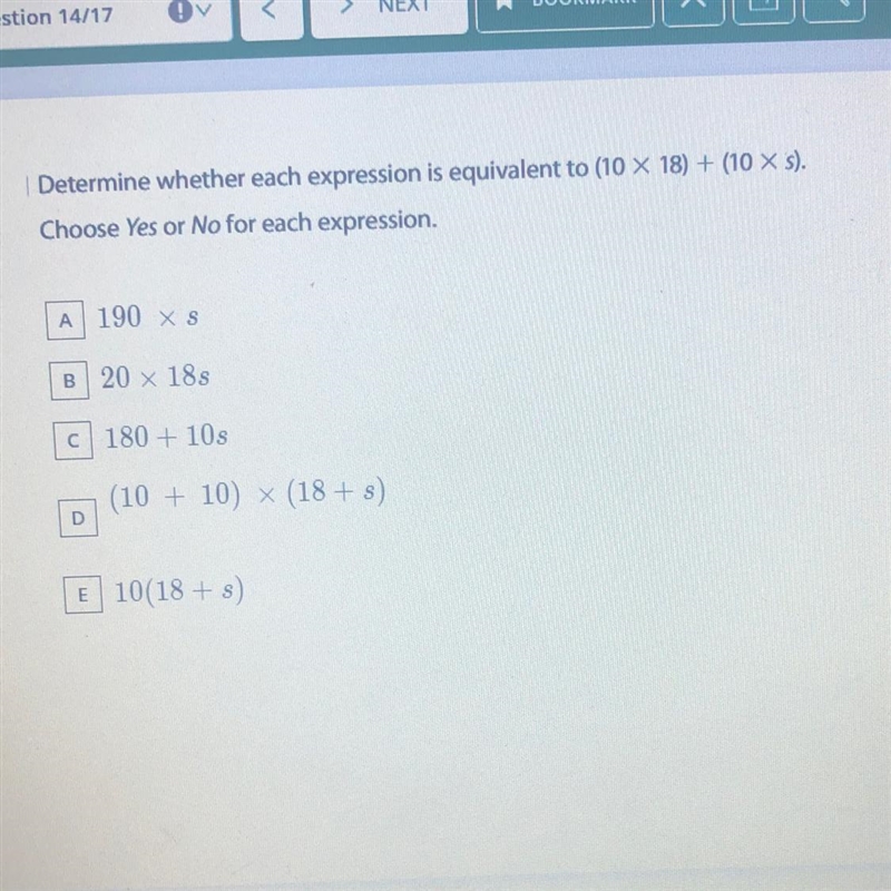 PLS PLS PLS PLS HELP! Determine whether each expression is equivalent to (10 X 18) + (10 X-example-1