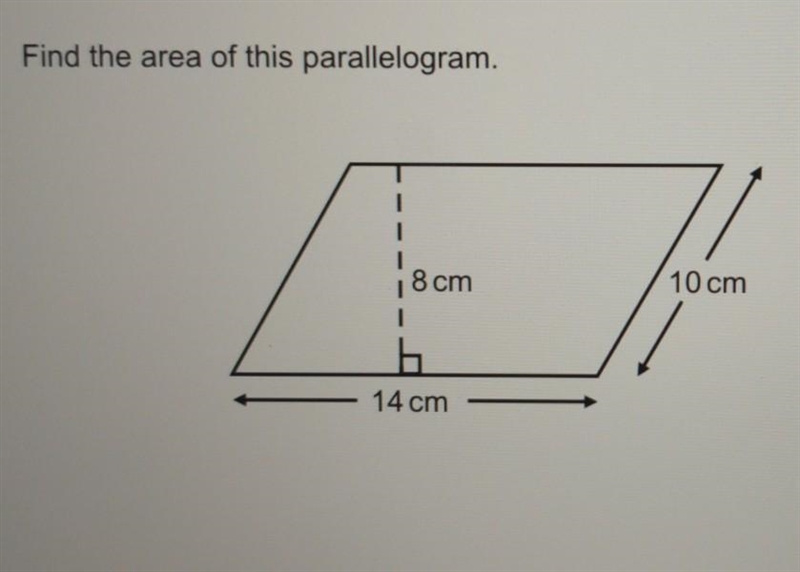 Find the area of this parallelogram 8cm 10cm 14cm​-example-1