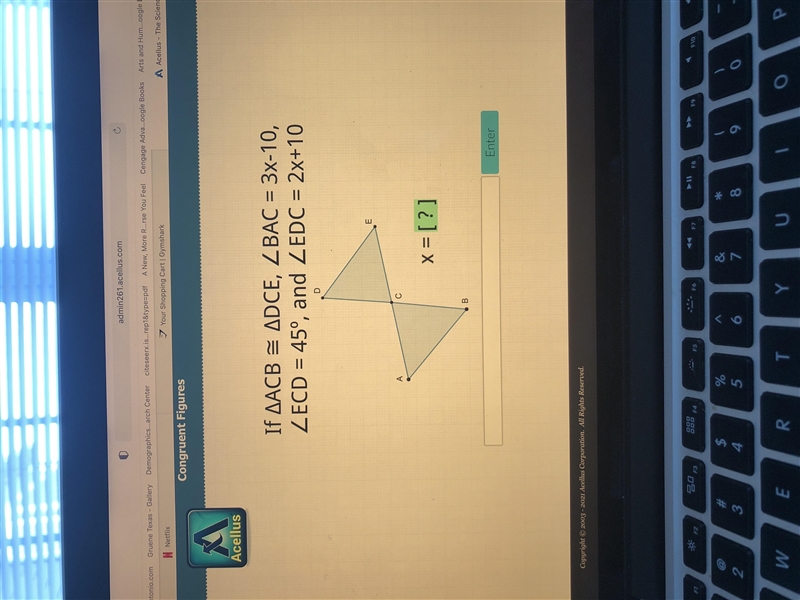 If angle ACB = angle DCD, angle BAC = 3x-10, angle ECD= 45degrees, and angle EDC = 2x-example-1