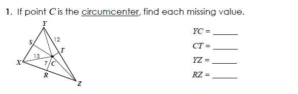 If point C is the circumcenter, find each missing value(picture attached)-example-1