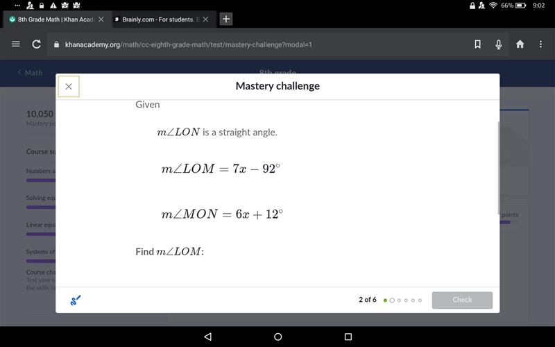 M∠LON = 7x-92 and m∠MON = 6x+12-example-1