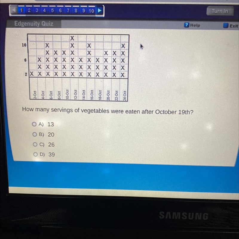 How many servings of vegetables were eaten after October 19th? O A) 13 OB) 20 OC) 26 OD-example-1