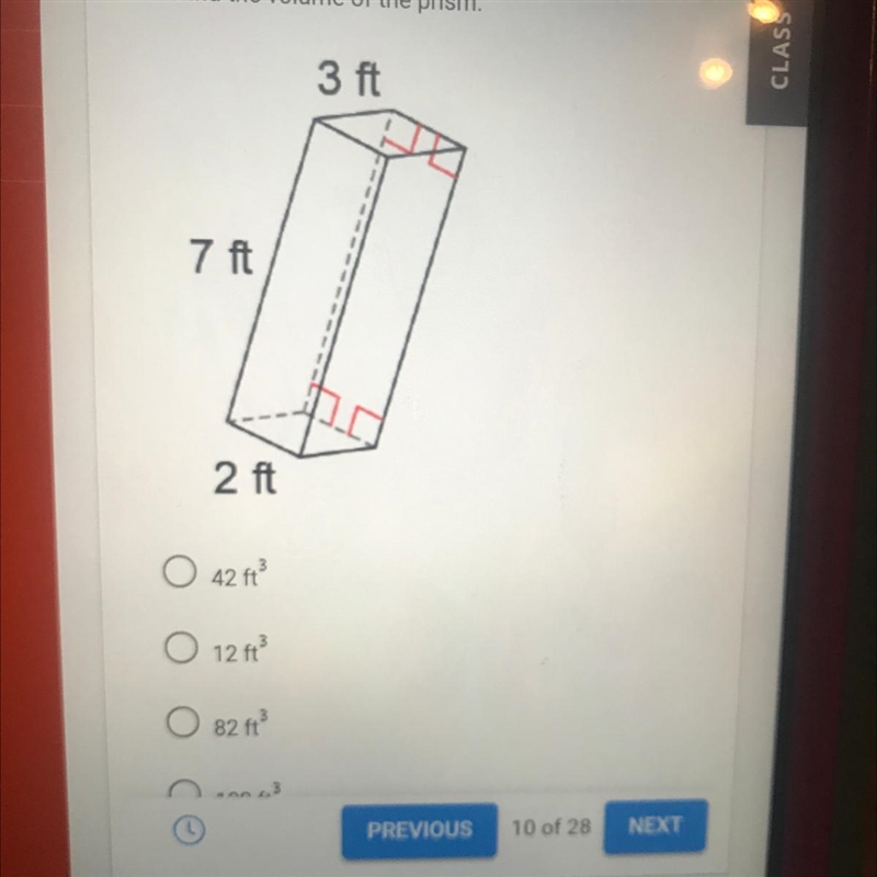 10. Find the volume of the prism. 3 ft 7 ft 2 ft-example-1