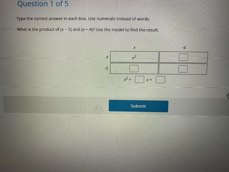 What is the product of (x - 5) and (x - 4)? Use the model to find the result.-example-1