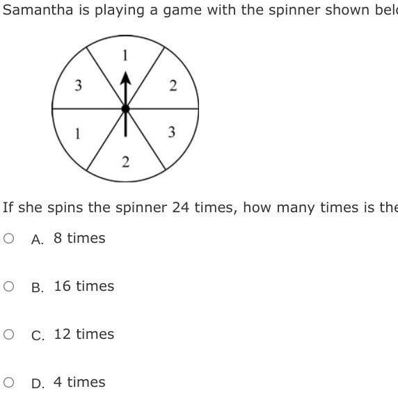 Samantha is playing a game with the spinner shown below. If she spins te spinner 24 times-example-1