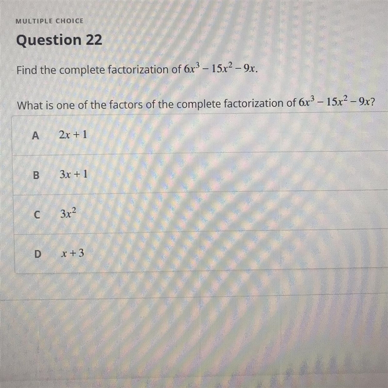 Find the complete factorization of 6r? - 15r– 9x. What is one of the factors of the-example-1