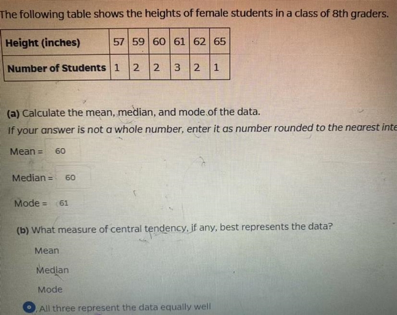 (a) Calculate the mean, median, and mode of the data. If your answer is not a whole-example-1