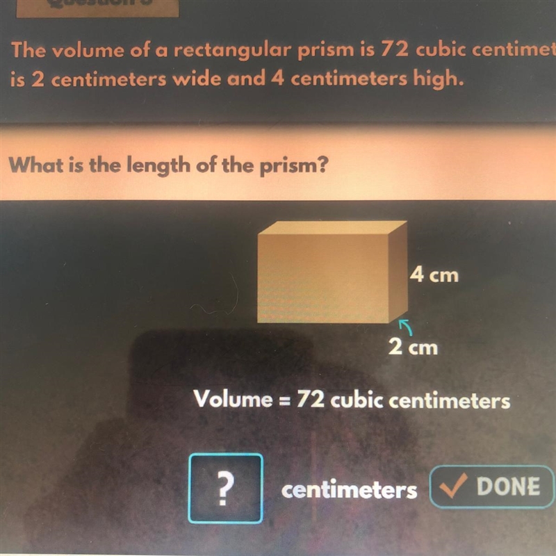 the volume of a rectangular prism is 72 cubic centimeters. the prism is 2 centimeters-example-1