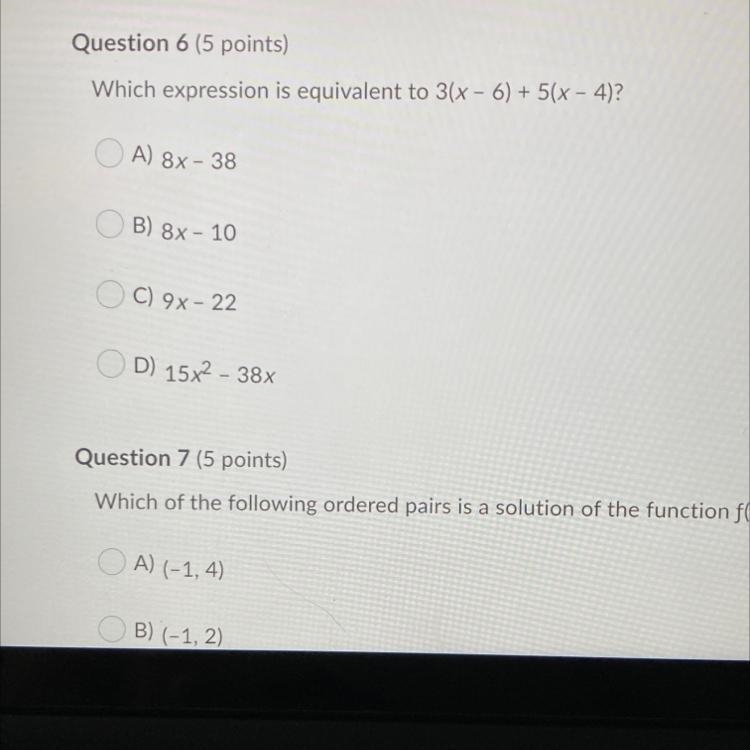 Question 6. Which expression is equivalent to 3x(x-6)+5(x-4)?-example-1