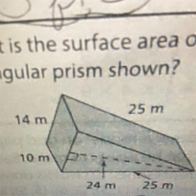 ￼what is the surface area of triangular prism shown?-example-1