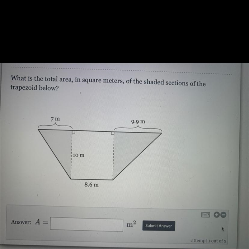 What is the total area, in square meters, of the shaded sections of the trapezoid-example-1