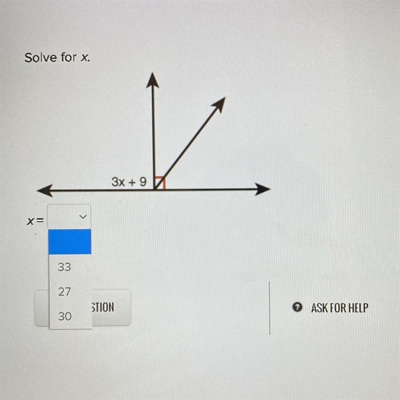 Solve for x. 3x + 9 x= 33 27 30-example-1