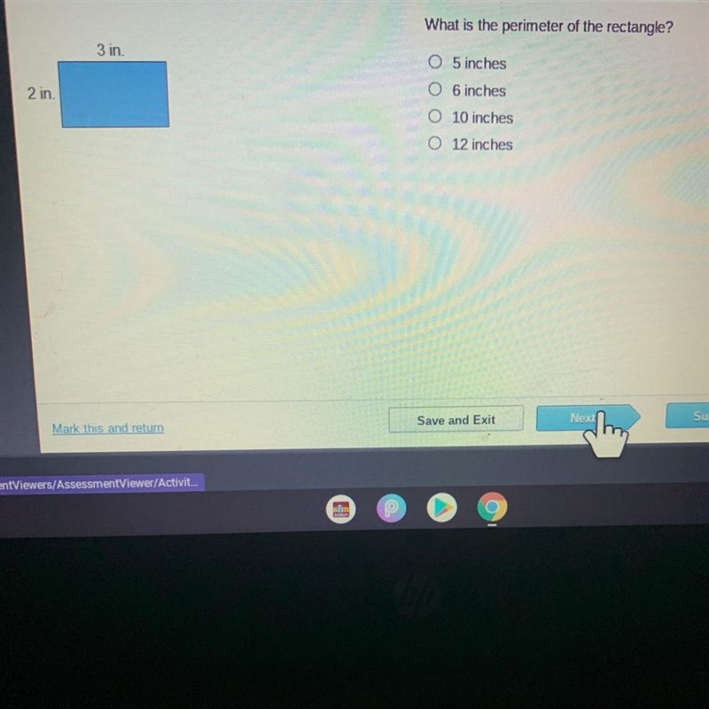 What is the perimeter of the rectangle? -5 inches -6 inches -10 inches -12 inches-example-1