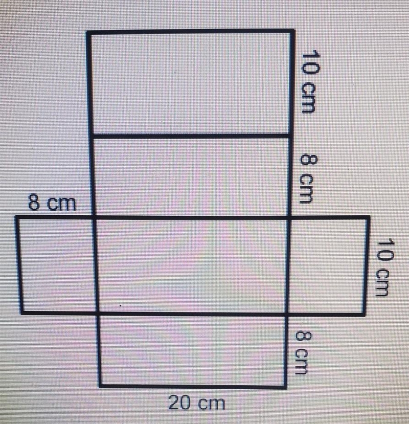 Use the net to determine the total surface area. 10 cm 8 cm 8 cm 10 cm 8 cm 20 cm-example-1