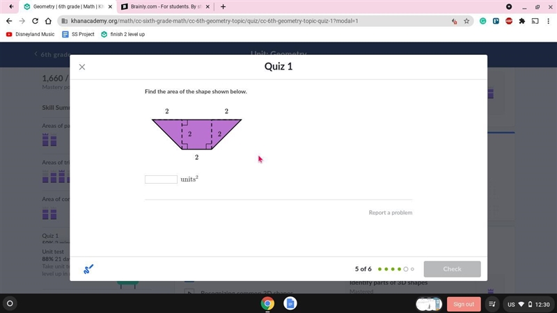 Find the area of the shape shown below.-example-1