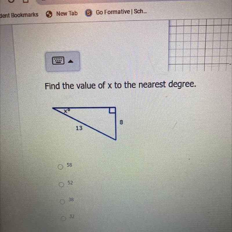 Find the value of x to the nearest degree. A. 58 B. 52 C. 38 D. 32-example-1