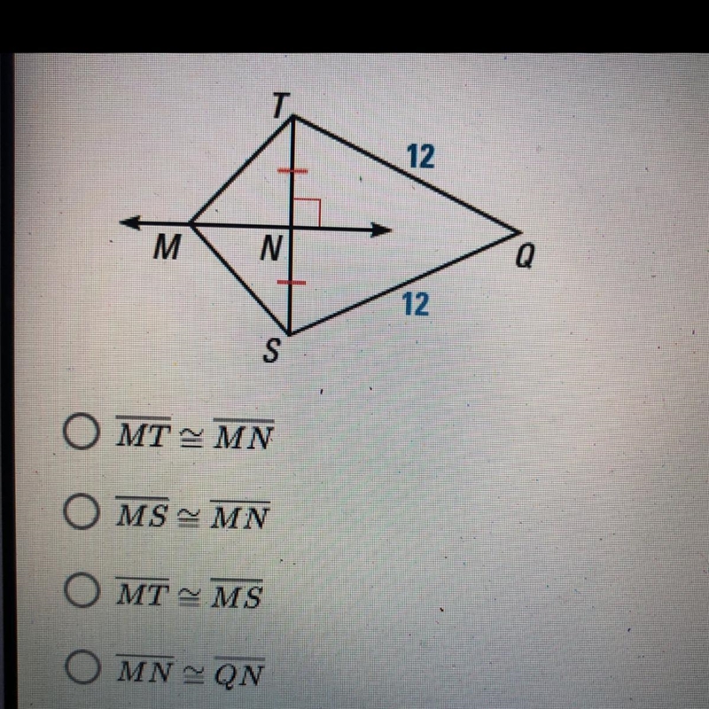 In the diagram below, line MN is a perpendicular bisector. Which of the following-example-1