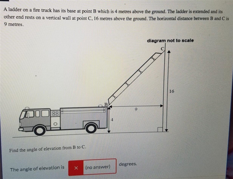 A ladder on a fire truck has its base at point B which is 4 metres above the ground-example-1