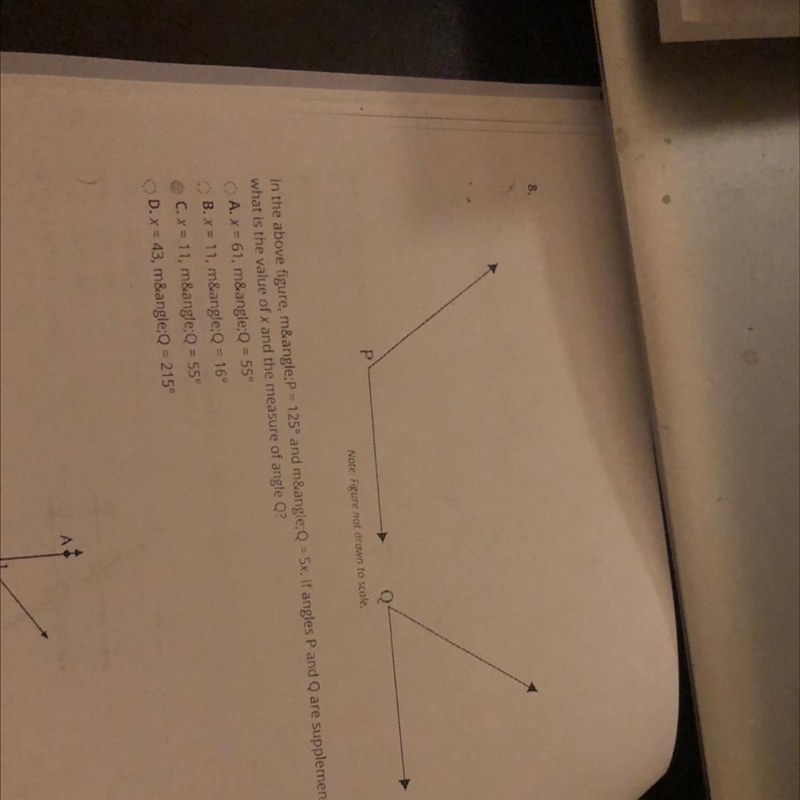 In the above figure, m&angle;P = 125° and m&angle;Q = 5x. If angles P and-example-1