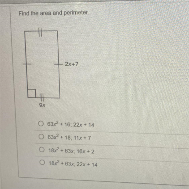 Find the area and perimeter 2x+7 9x-example-1