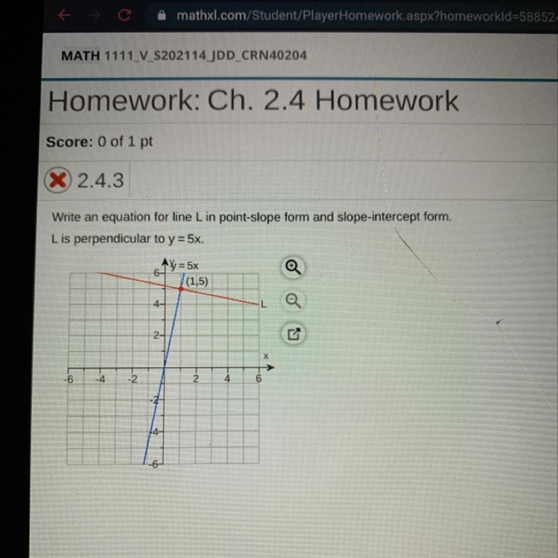 Write an equation for line L in mpoint-slope form and slope-intercept form. L is perpendicular-example-1