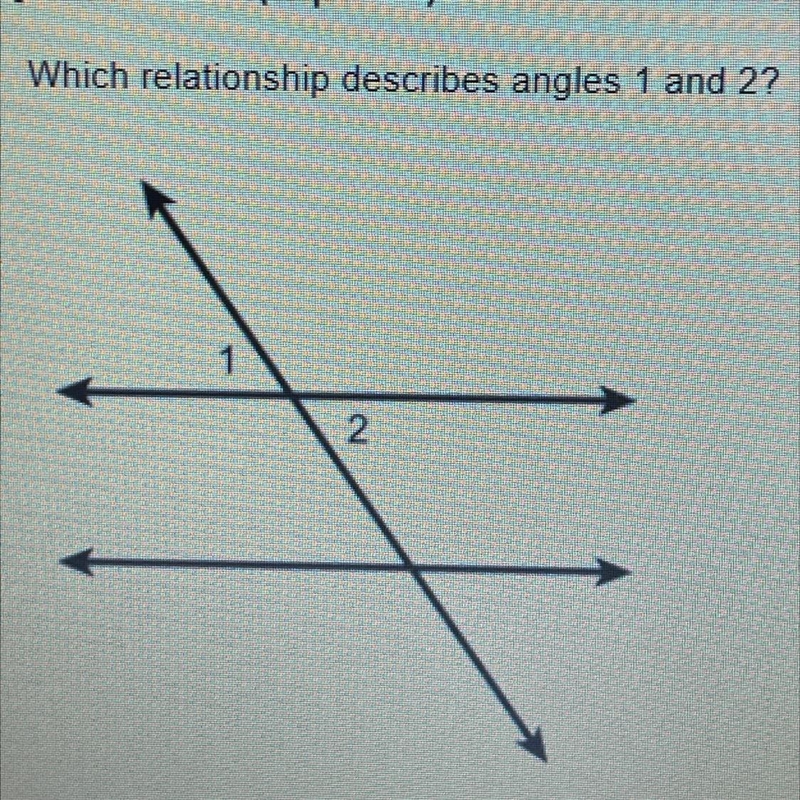 Which relationship describes angles 1 and 2? 1. Vertical Angles 2. Complementary Angles-example-1