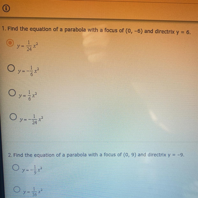 1. Find the equation of a parabola with a focus of (0, -6) and directrix y = 6. Max-example-1