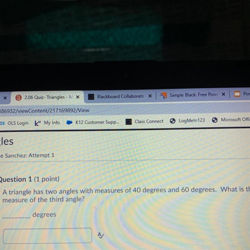 Question 1 (1 point) A triangle has two angles with measures of 40 degrees and 60 degrees-example-1