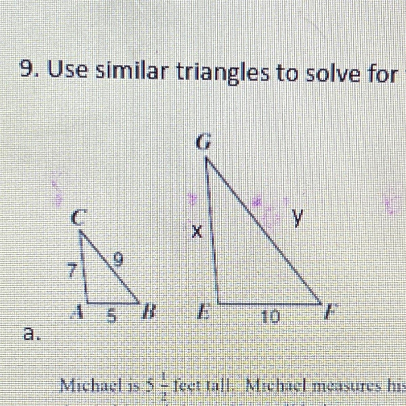 Use similar triangles to solve for the missing lengths below. If you know how to work-example-1