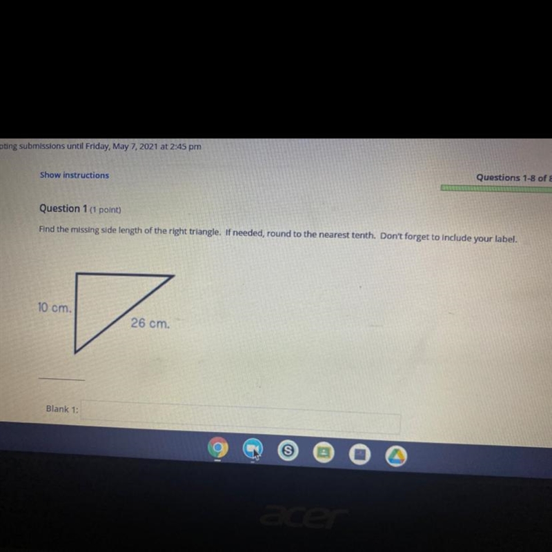 Find the missing side length of the right triangle. If needed, round to the nearest-example-1