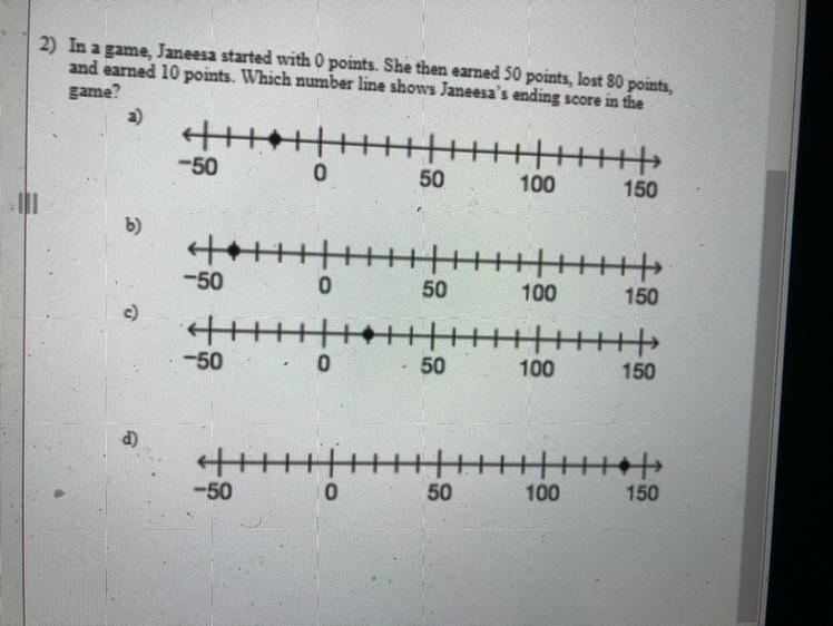 In a game, Janeesa started with 0 points. She then earned 50 points, lost 80 points-example-1