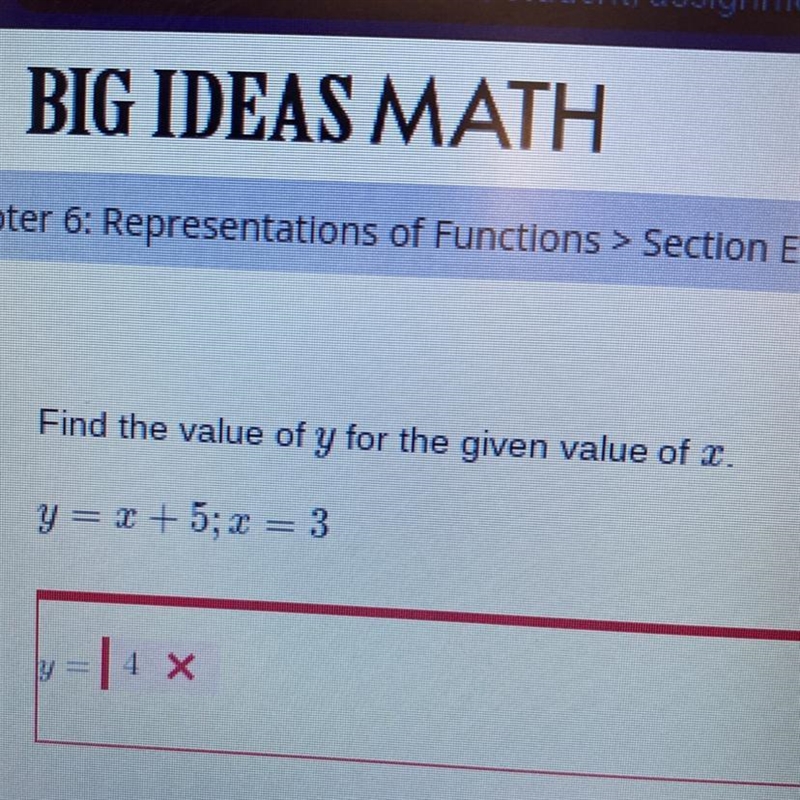 Find the value of y for the given value of t. y = x + 5; x = 3-example-1