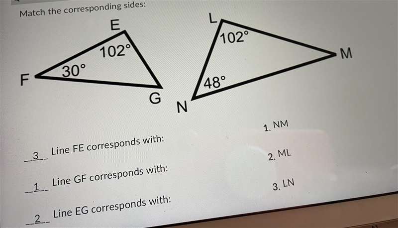 Match the corresponding sides:-example-1