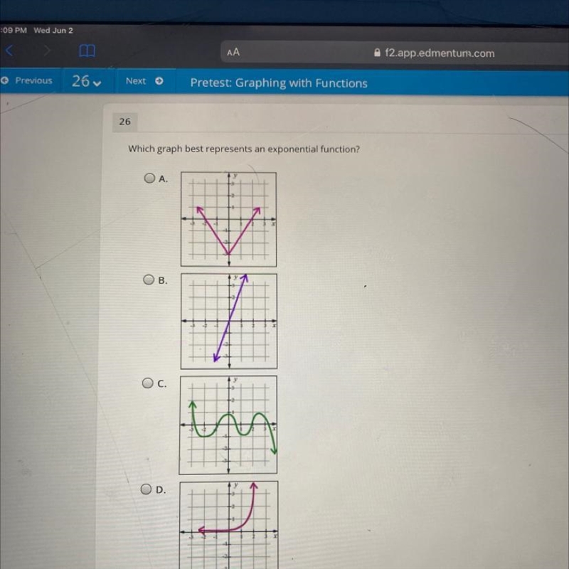 Which graph best represents an exponential function? • A. B. C.-example-1