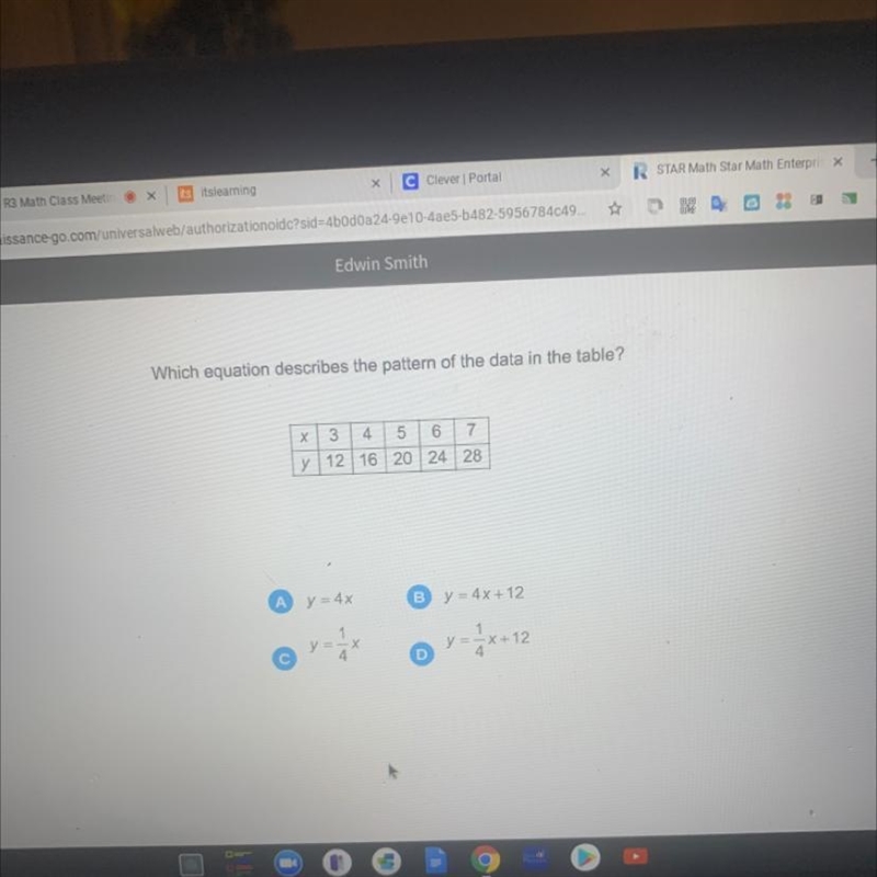 Which equation describes the pattern of the data in the table? Х 3 4 5 6 7 12 16 20 24 28 у-example-1