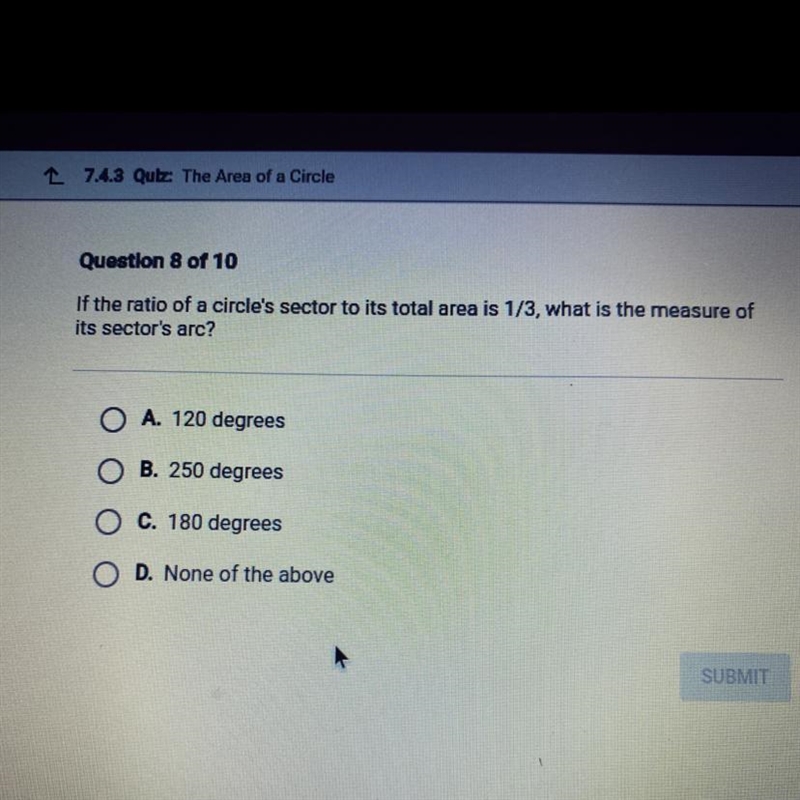 If the ratio of a circle's sector to its total area is 1/3, what is the measure of-example-1